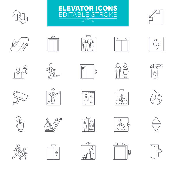 ilustrações, clipart, desenhos animados e ícones de ícones do elevador traçado editável - elevador