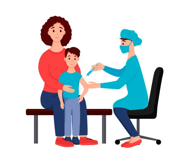 Vector illustration of A boy with his mother at a doctor's appointment is vaccinated. The doctor makes a syringe injection. The vaccine - vector illustration on white background.