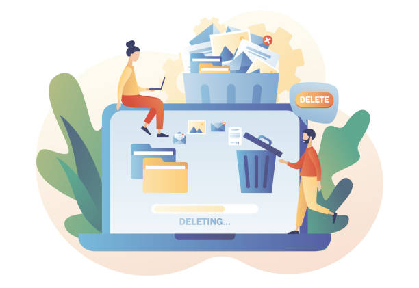 Tiny people deleting data on laptop and move unnecessary files to the trash bin. Delete concept. Cleaning digital memory. Modern flat cartoon style. Vector illustration on white background Tiny people deleting data on laptop and move unnecessary files to the trash bin. Delete concept. Cleaning digital memory. Modern flat cartoon style. Vector illustration laptop in a trash bin stock illustrations