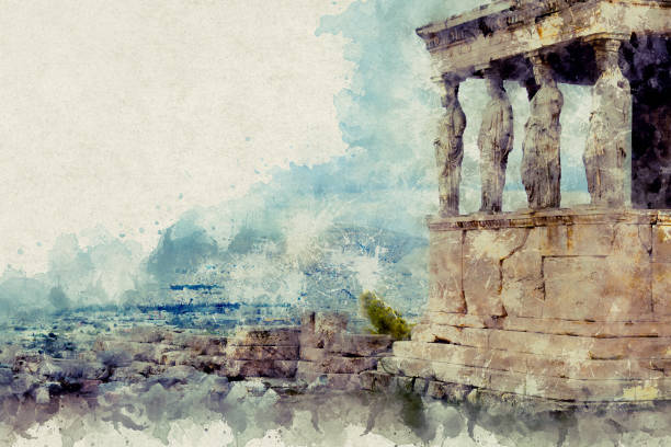ilustrații de stoc cu templul erechtheion cu celebrul pridvor al caryatids în loc de coloane în acropole - atena