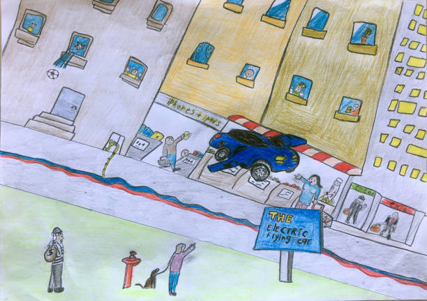 istock Future electric car flying child drawing painting artwork cleantech 1298102609