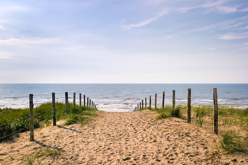 The coastline of the Netherlands is protected by dikes and sandy dunes. This image shows a sandy path crossing a sand dune or natural levee leading down to the ocean on a sunny autumn day. The image shows the beauty and rough calmnes of the landscape besides the summer bathing season at Zandvoort.