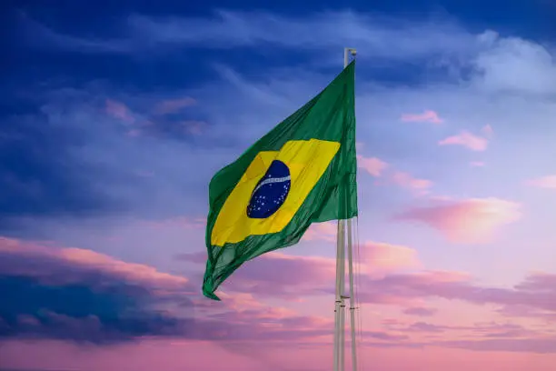 Goiania, Goias, Brazil - January 22, 2021: Brazilian flag flying and fluttering in the wind.