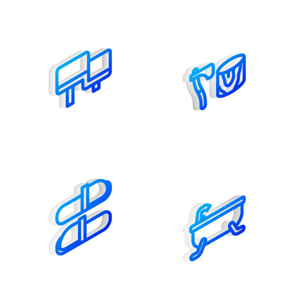 Set Isometric line Wooden axe in stump, Sauna wood bench, slippers and Bathtub icon. Vector Set Isometric line Wooden axe in stump, Sauna wood bench, slippers and Bathtub icon. Vector. stuck in room stock illustrations