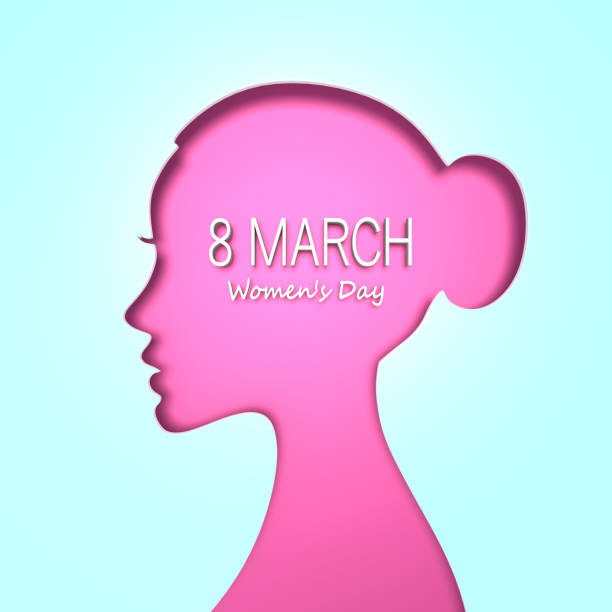 8 March International Women's Day celebration greeting card on blue background with woman silhouette. 8th March Women's Day text. Easy to crop for all your social media and print sizes.