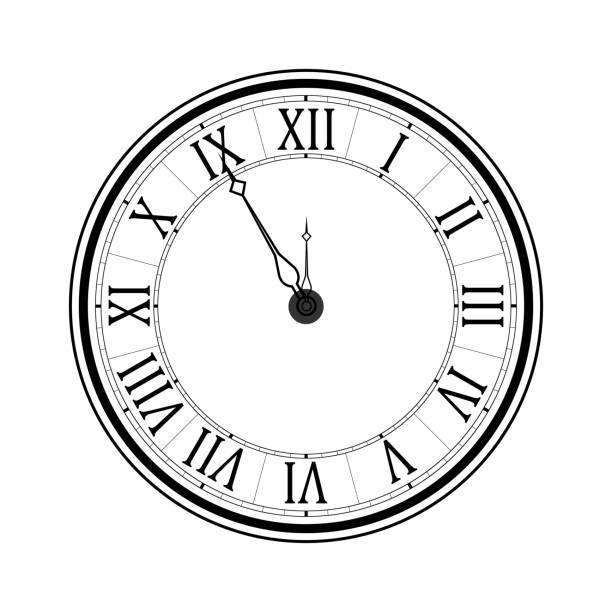 istock Old black and white clock face with Roman numerals and ornate vintage scrolled hands 1298108303