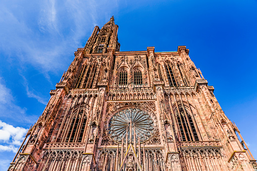 Strasbourg, France: The Cathedral of Our Lady (Notre Dame) of Strasbourg a Roman Catholic cathedral also known as Strasbourg Minster, built between 1176 and 1439.