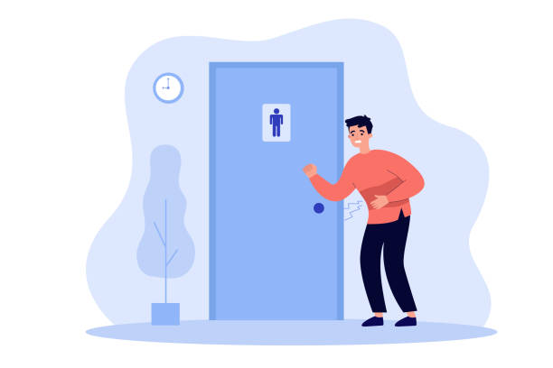 Unhappy man suffering from diarrhea Unhappy man suffering from diarrhea, knocking public bathroom door. Vector illustration for stomach ache, toilet need, belly disease concept stomach ache illustrations stock illustrations