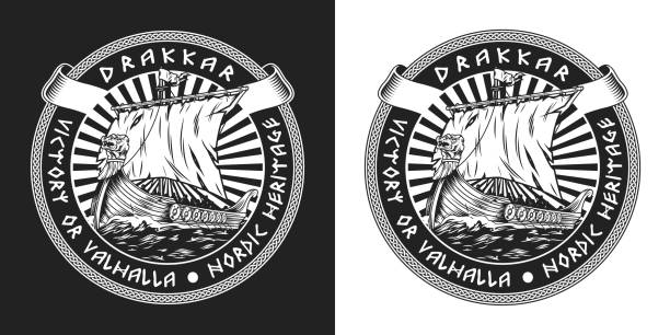 ilustrações, clipart, desenhos animados e ícones de viking drakkar navio vintage selo redondo - drakkar
