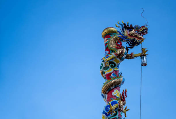 Dragon sculture in Chinese shine with blue sky backgrounds,Thailand. stock photo