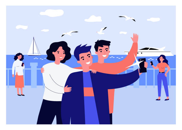 Positive friends taking selfie on seafront Positive friends taking selfie on seafront. Smartphone, yacht, seagull flat vector illustration. Vacation and digital technology concept for banner, website design or landing web page yacht selfie stock illustrations