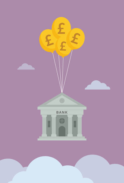 Bank float in the sky by a UK pound symbol balloon Currency, Wealth, Banking, Loan, Debt, Economy, Recession, British currency british coins stock illustrations