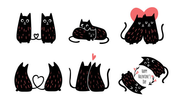 aşk illüstrasyon güzel kedi seti. sevgililer günün kutlu olsun. - sevgililer günü kartı illüstrasyonlar stock illustrations