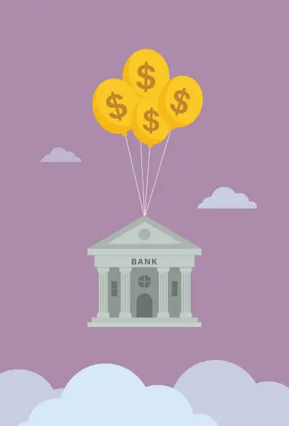 Vector illustration of Bank float in the sky by US dollar symbol balloon