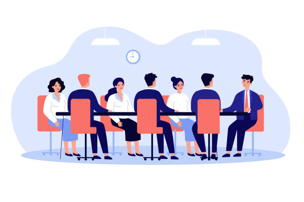 Business leader holding corporate meeting with team Business leader holding corporate meeting with team in boardroom. Politician talking to staff at round conference table. Vector illustration for authority, chairman, negotiations, discussion concept meeting stock illustrations