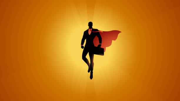 vector superhero biznesmen lewitujący w powietrzu ze słońcem w tle stock illustration - superhero flying heroes business stock illustrations
