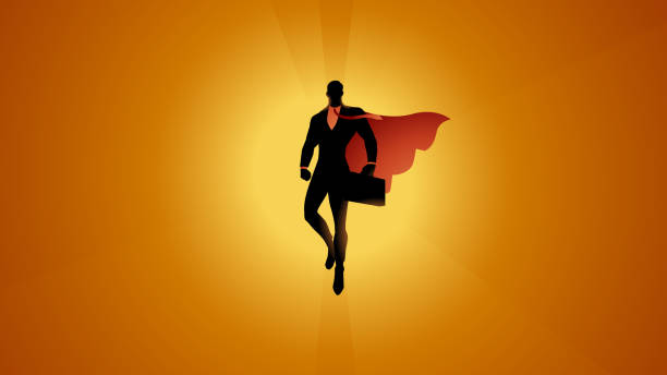 ilustrações, clipart, desenhos animados e ícones de vetor super-herói empresário levitando no ar com sol na ilustração de estoque de fundo - business super hero