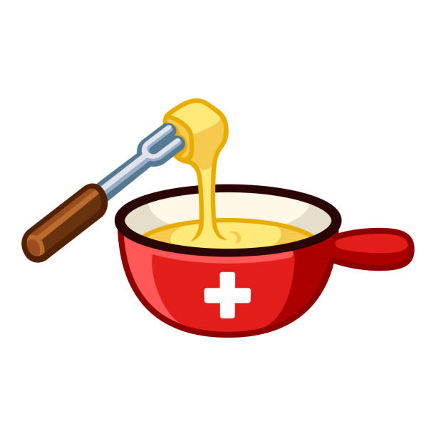 Swiss cheese fondue Swiss cheese fondue with flag of Switzerland on cast iron pot, dipping food in melted cheese. Cartoon vector clip art illustration. cheese fondue stock illustrations