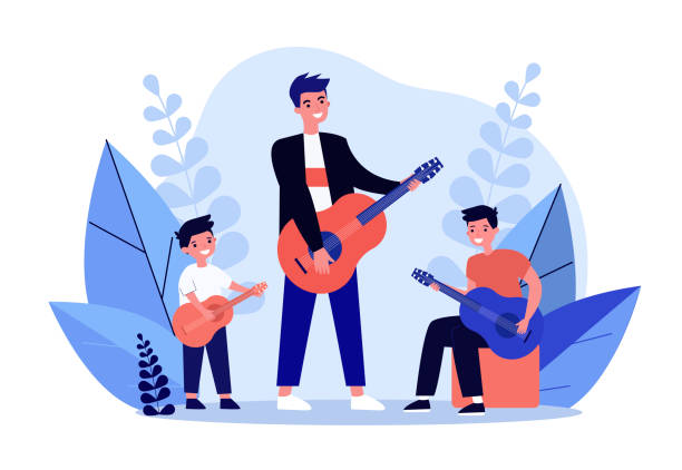 ilustrações de stock, clip art, desenhos animados e ícones de man, teenager and little boy playing guitars together - animated cartoon music teens arts and entertainment