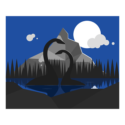A couple of Loch ness monsters in a lake in full moon night. Flat style illustration.