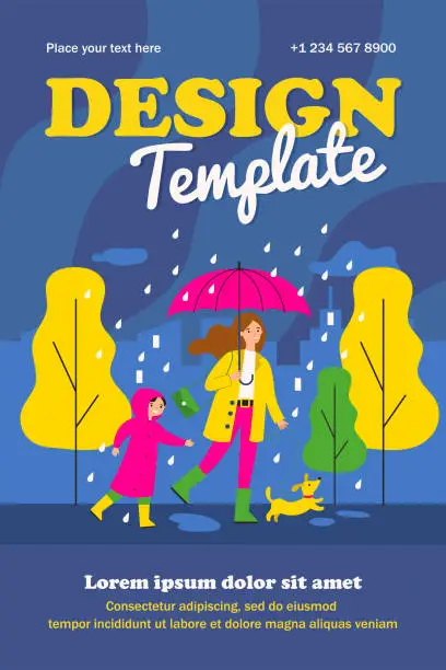 Vector illustration of Happy mum walking in raining day with dog and son