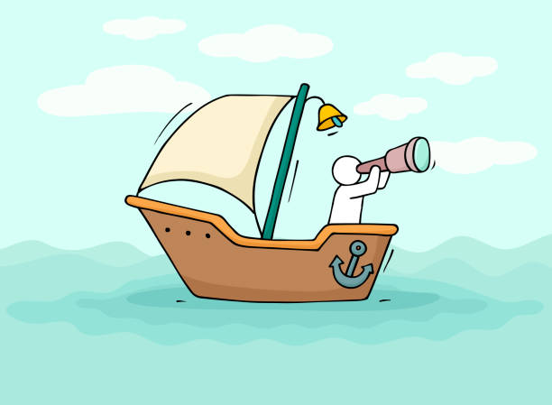 Sketch of little man sail by boat Sketch of little man sail by boat. Doodle cute miniature scene about transportation. Hand drawn cartoon vector illustration for vacation design. anchor free pic stock illustrations