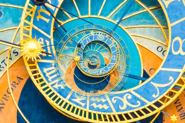 Droste effect background based on Prague astronimical clock. Abstract design for concepts related to astrology, fantasy, time and magic.