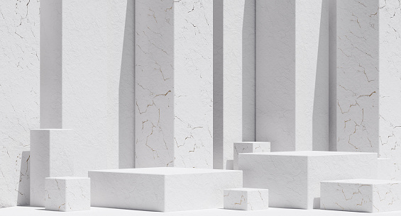 Podium for branding and packaging presentation. Cosmetic and fashion. Product display with white concrete, marble stone texture. Natural beauty pedestal in sunlight. 3d illustration. 3d render.