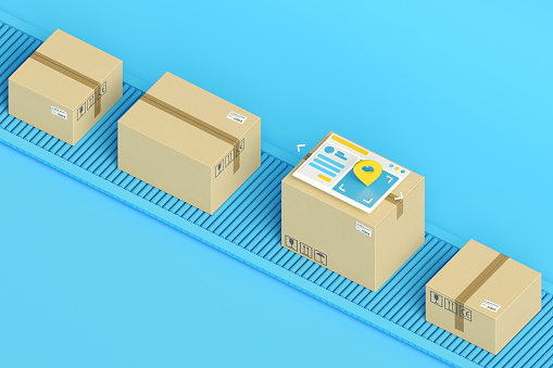 Cardboard boxes on conveyor belt in isometric view. Logistics, delivery and online order tracking concept. Minimal composition. 3d illustration. 3d render.