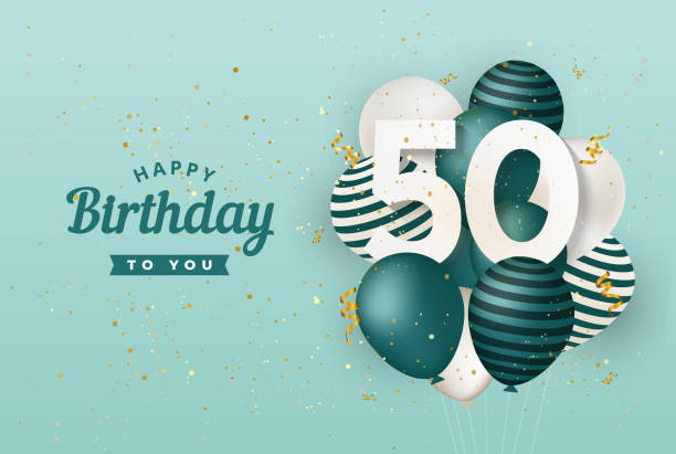 yeşil balonlar tebrik kartı arka plan ile mutlu 50 doğum günü. - 50 sayısı illüstrasyonlar stock illustrations