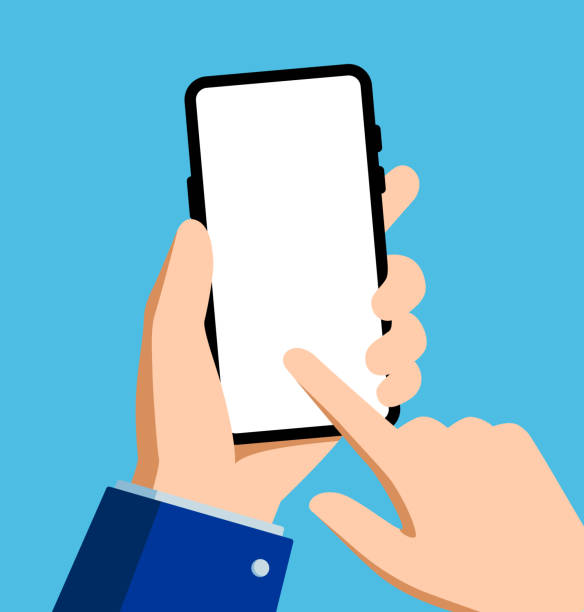 Businessman's hand holding phone with empty screens mock up vector art illustration