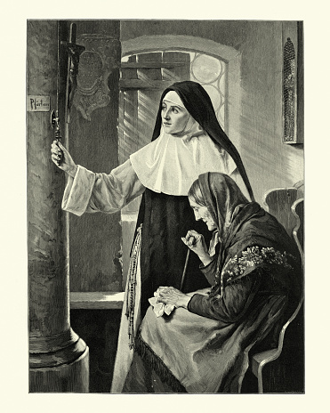 Vintage illustration of a Nun caring of an old woman, after Otto Goldmann. Um auszuruhen, To rest