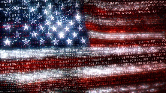 The USA in the digital world of binary and hex code. Concept 3D Illustration of Stars and Stripes banner in computer code depicting the modern challenges of internet and American matters in cyberspace