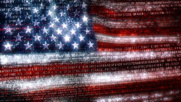 USA Stars and Stripes flag made of Computer Code The USA in the digital world of binary and hex code. Concept 3D Illustration of Stars and Stripes banner in computer code depicting the modern challenges of internet and American matters in cyberspace government stock pictures, royalty-free photos & images