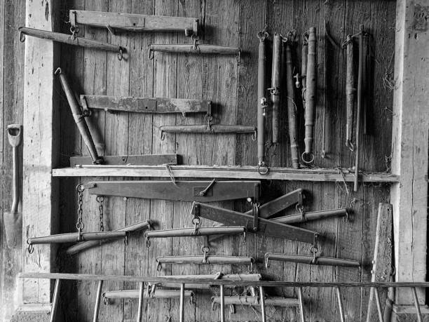 Slate Run Farm Tool Collection in Black and White stock photo