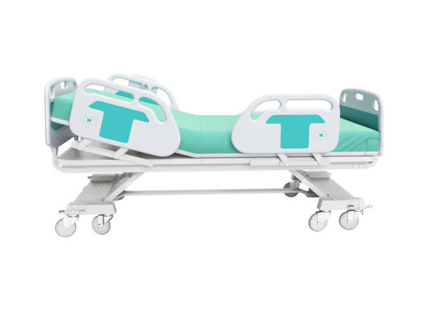 istock Turquoise hospital bed with lifting mechanism on an autonomous control panel right side view 3D render on white background no shadow 1298136309