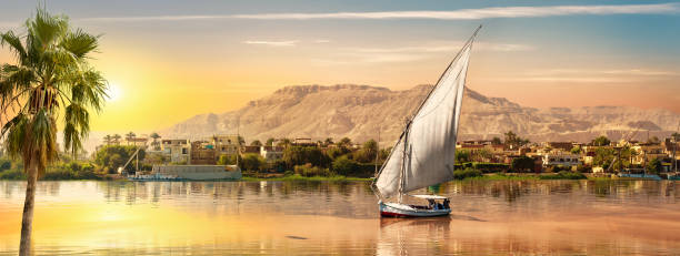 Great Nile in Aswan View of the Great Nile in Aswan felucca boat stock pictures, royalty-free photos & images