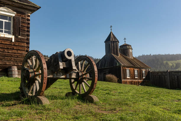 Fort Ross, CA - August 12, 2019: A view of Fort Ross defensive wooden walls and Southeast Blockhouse, located on the US Pacific Coast next to the present day town of Jenner, California.