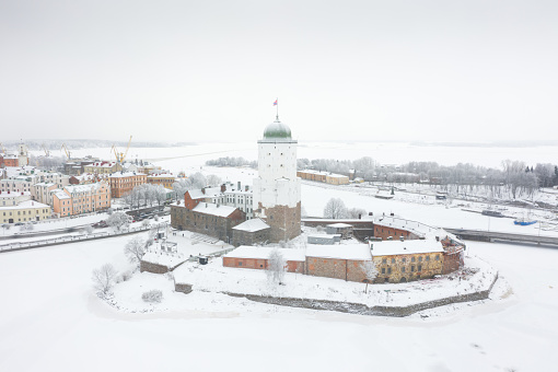 View of the winter Orthodox Church and the Kremlin of Nizhny Novgorod in a snowstorm