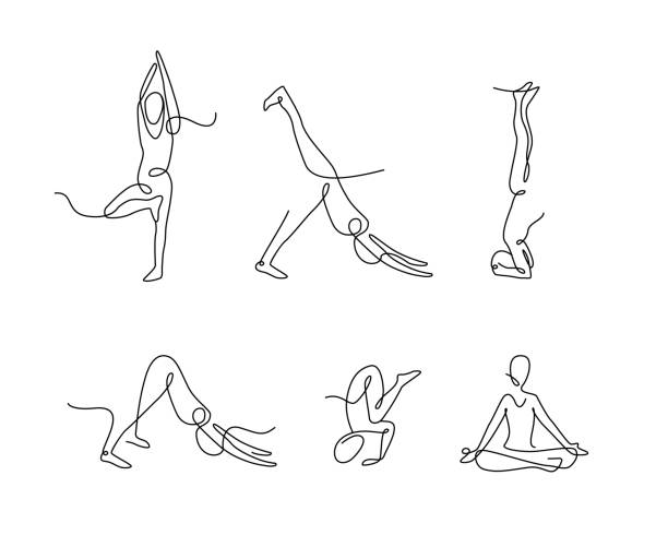 continuous line art yoga poses. continuous line art yoga poses exercising illustrations stock illustrations