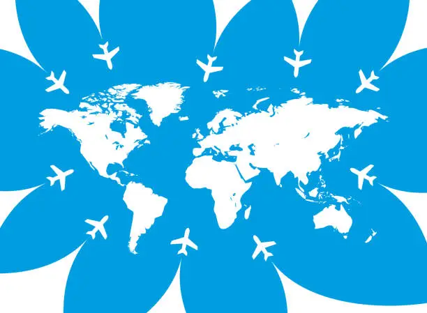 Vector illustration of Flying Airplanes World Map