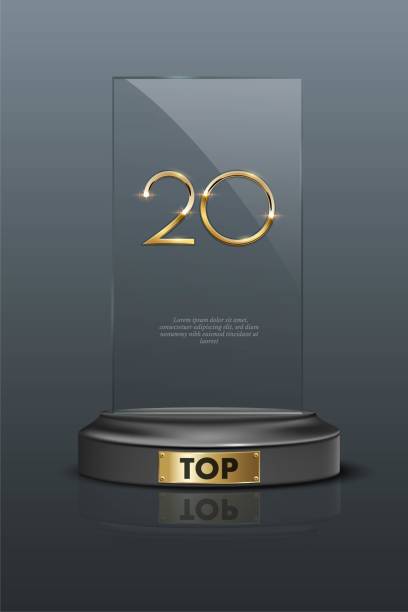 istock Top 20 award trophy. Glass rectangular prize with gold number twenty. Champion glory in competition vector illustration. Hollywood fame in film and cinema or championship in sport 1298141761