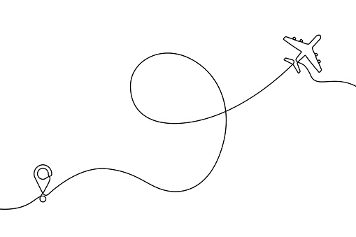 Continuous one line drawing of airplane path. One single line air plane route with a start point and and trace. Vector illustration.