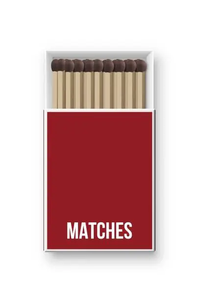Vector illustration of Open matchbox with matches. Red box with heap of flammable objects. Kitchen house equipment vector illustration. Design of package on white background