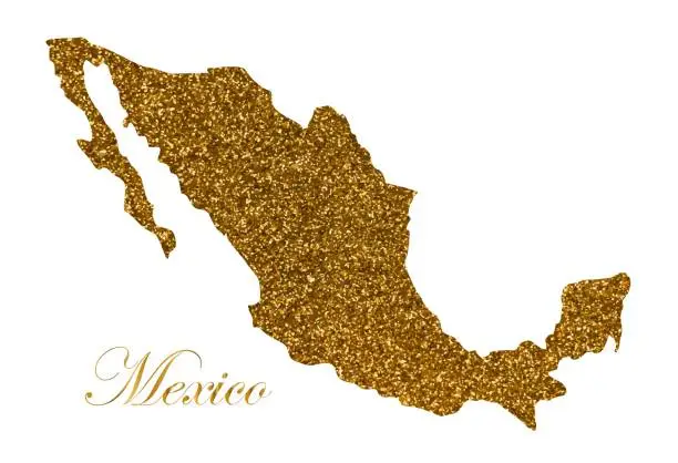 Vector illustration of Map of Mexico. Silhouette with golden glitter texture
