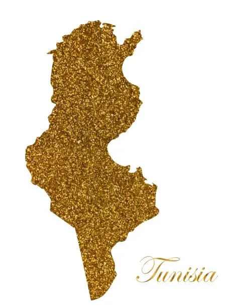 Vector illustration of Map of Tunisia. Silhouette with golden glitter texture