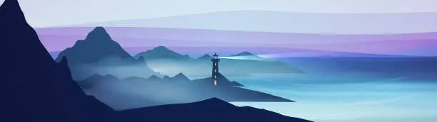 Vector illustration of Seashore landscape with lighthouse
