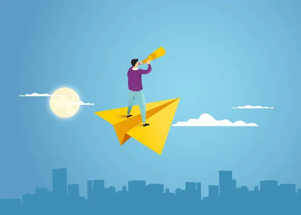 Vector illustration of Businessman standing on a paper airplane flying to the sky