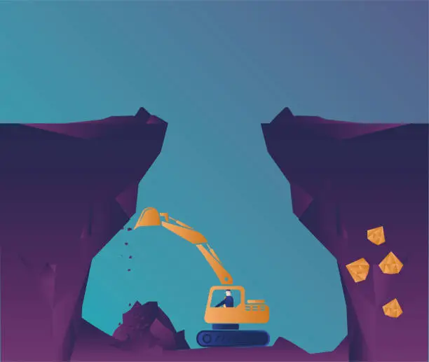 Vector illustration of Business male excavator digs gems in the hole