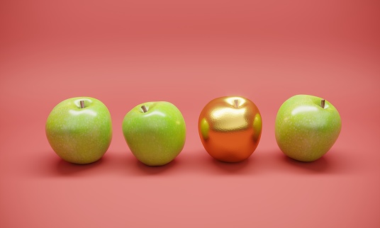 Golden apple in the middle of green apples. ( 3d render )